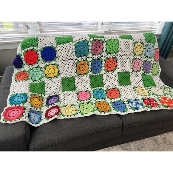 Homemade Other - Handcrafted Colorful Granny Square Crochet Afghan Grandma Flower Roseanne Chic
